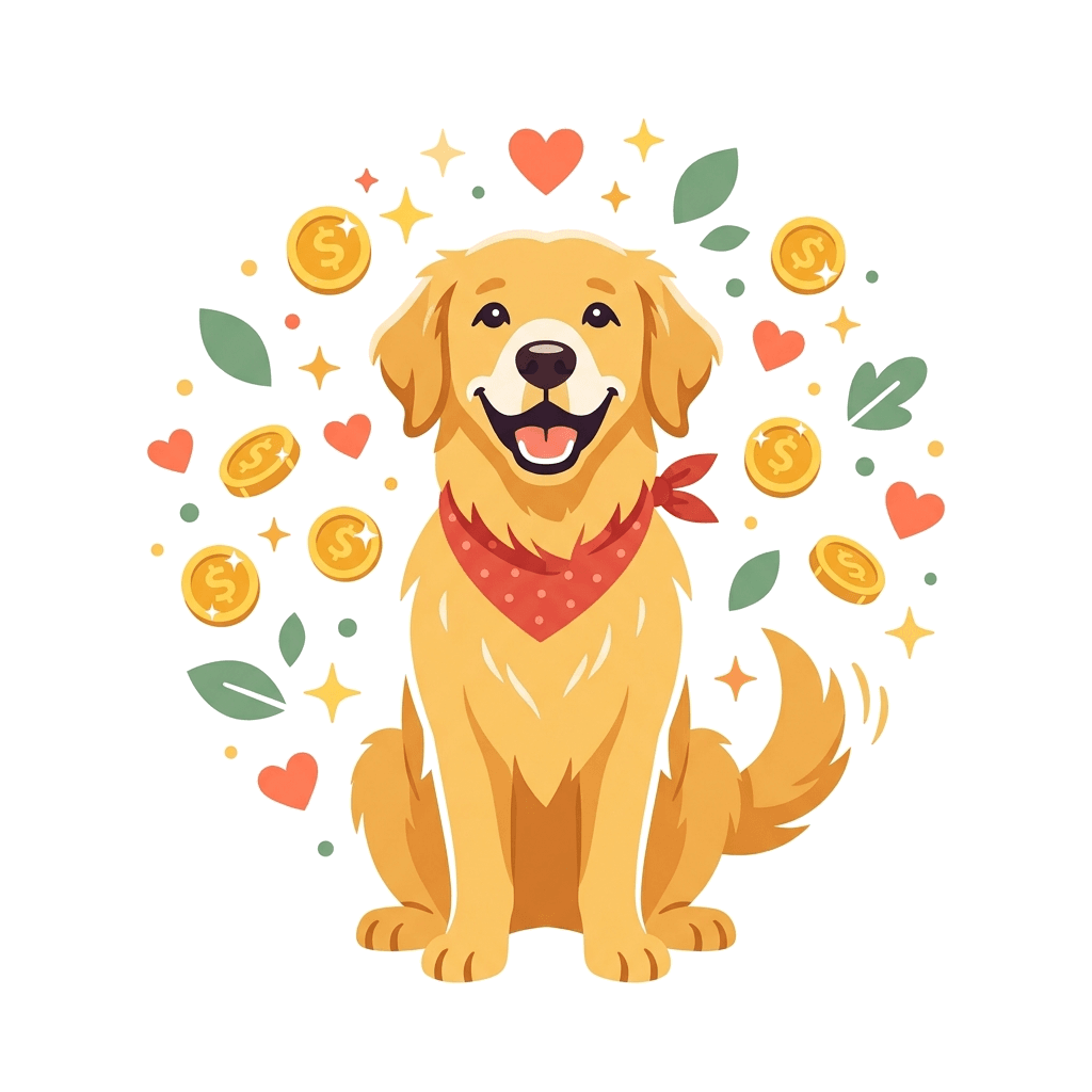 Happy golden retriever illustration surrounded by coins and hearts